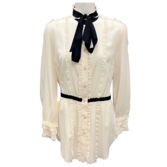 DOLCE & GABBANA IVORY / BLACK LACE TRIMMED PEARL BUTTON TIE NECK SILK BLOUSE - Picture 1 of 5